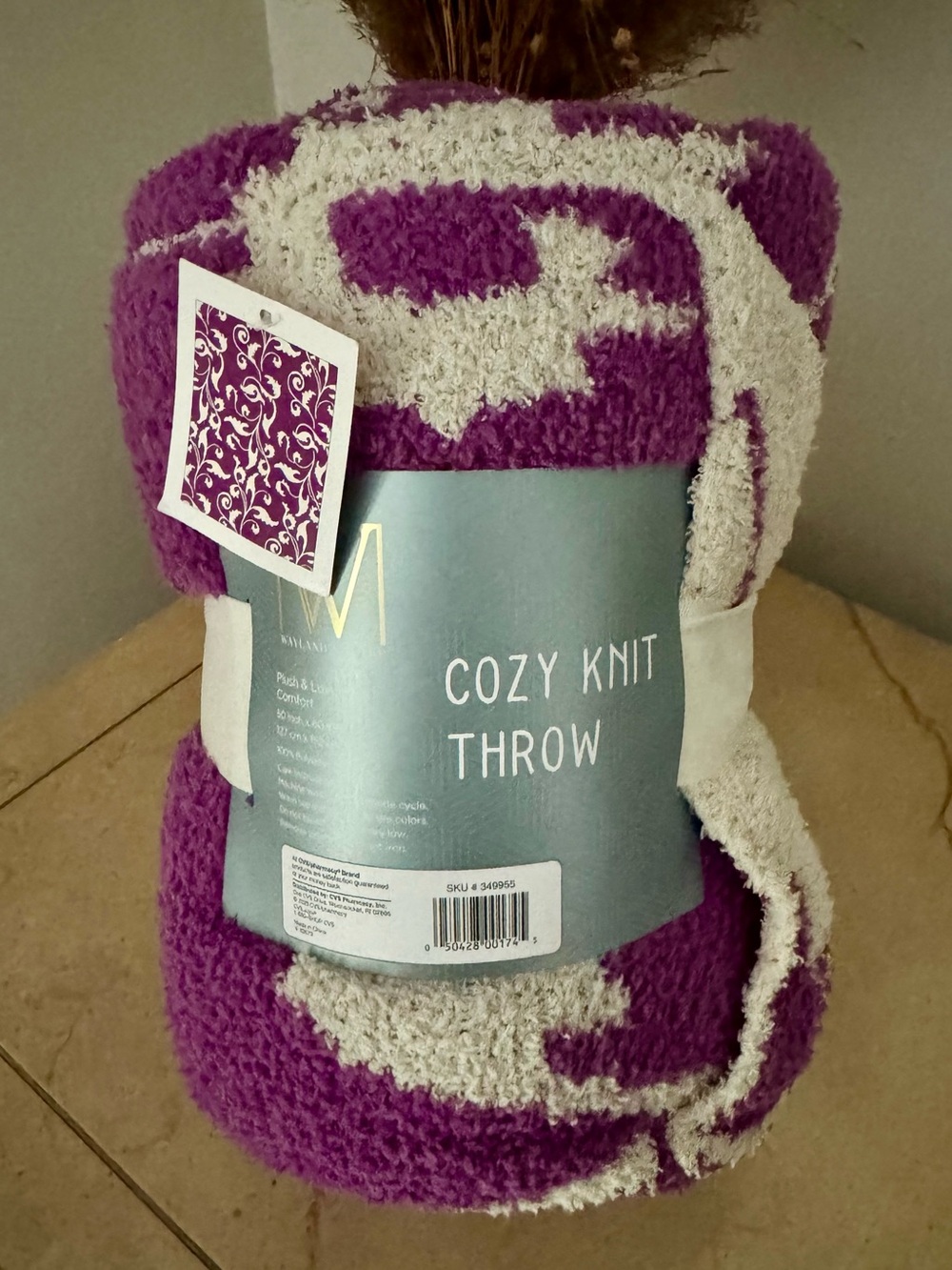 Wayland Square Cozy Knit Throw Blanket — Purple & Cream NEW